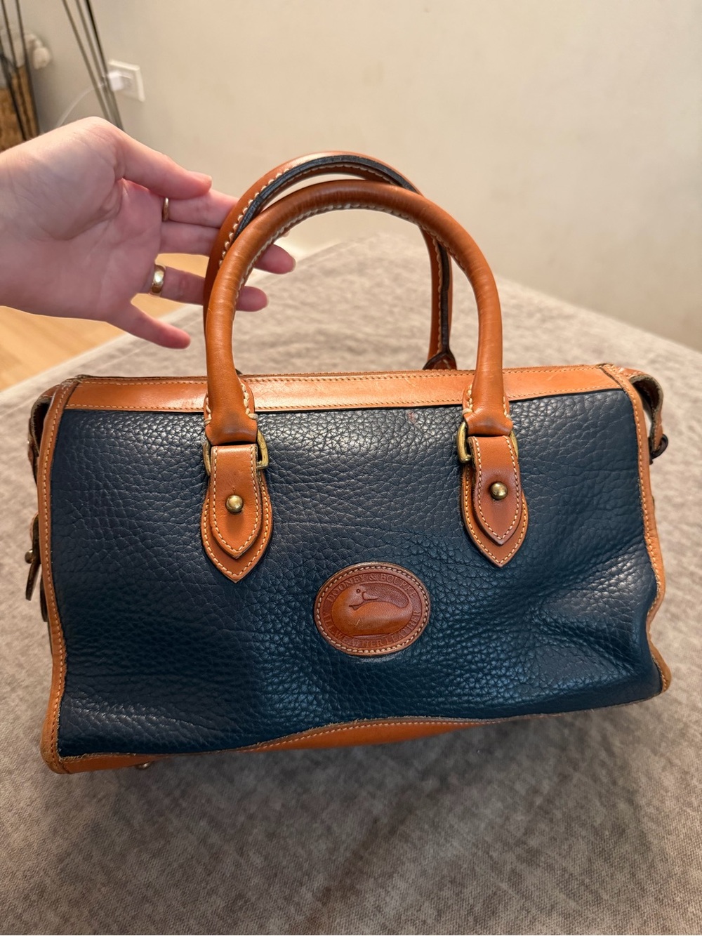 Dooney & Bourke Navy and Tan Pebbled Leather Satchel